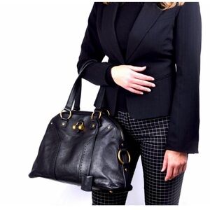 Yves Saint Laurent Black Leather Tote with Gold Hardware
